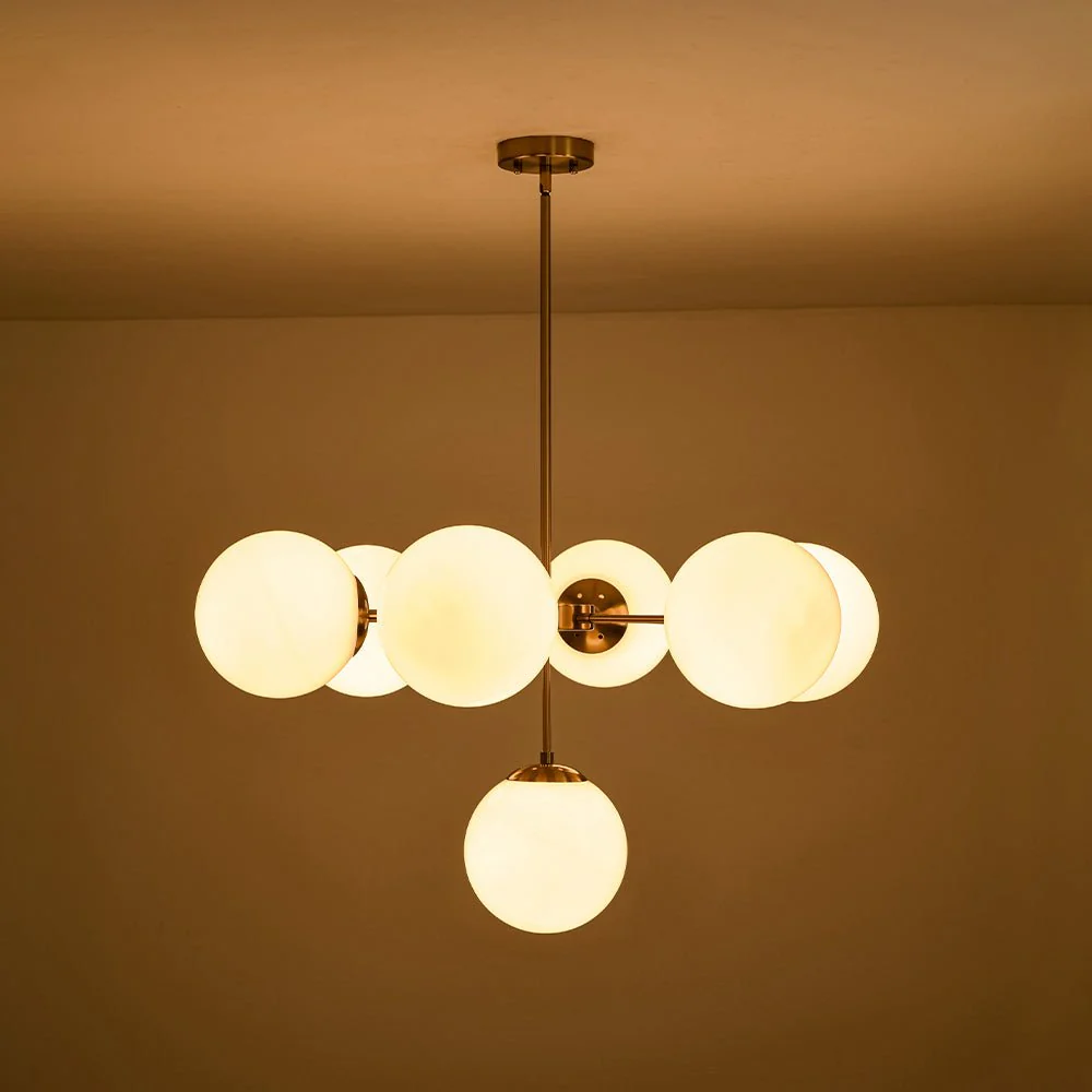 Mid-Century 7-light Brass Opal Glass Globe Sputnik Chandelier - Image 19