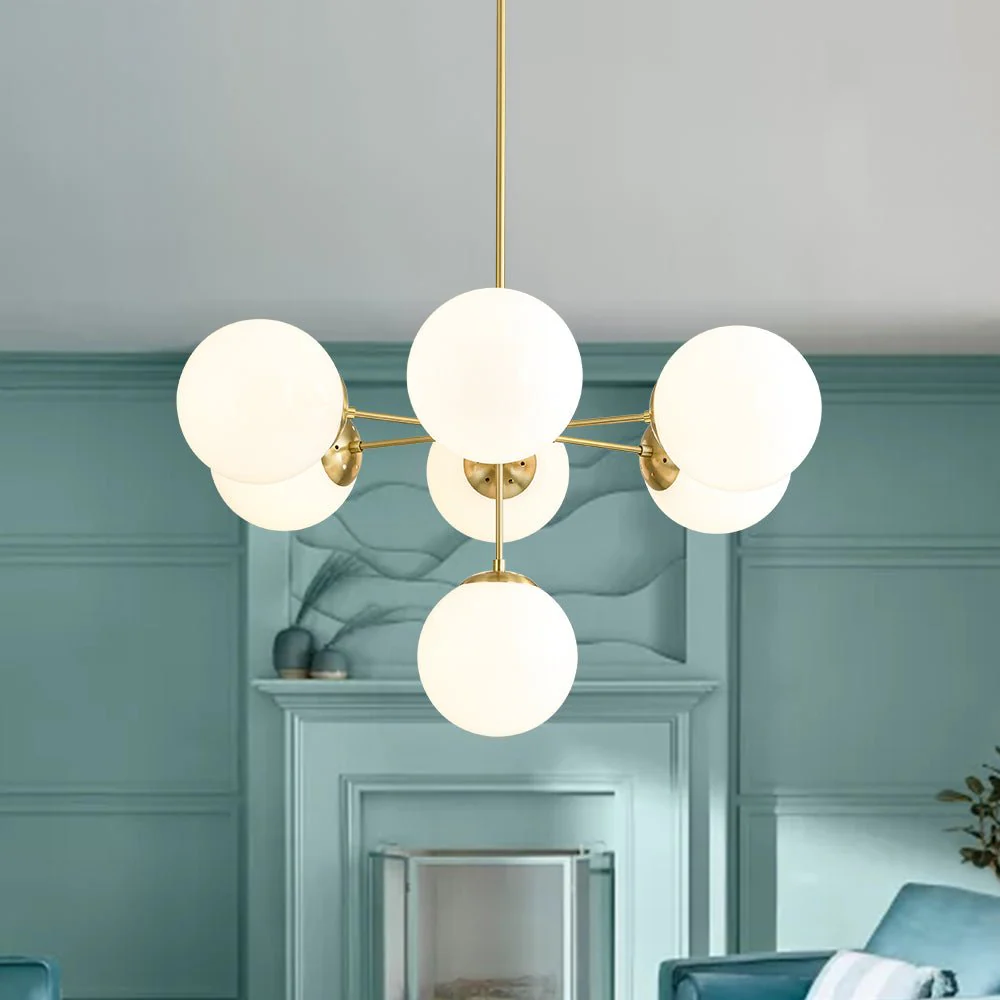Mid-Century 7-light Brass Opal Glass Globe Sputnik Chandelier - Image 3