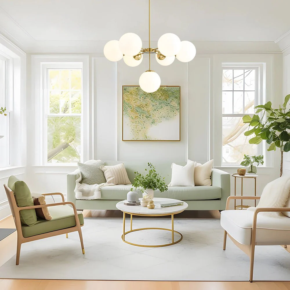 Mid-Century 7-light Brass Opal Glass Globe Sputnik Chandelier - Image 4
