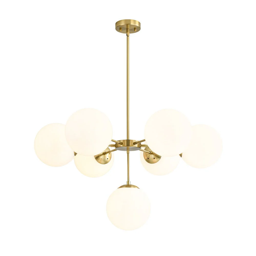 Mid-Century 7-light Brass Opal Glass Globe Sputnik Chandelier - Image 5