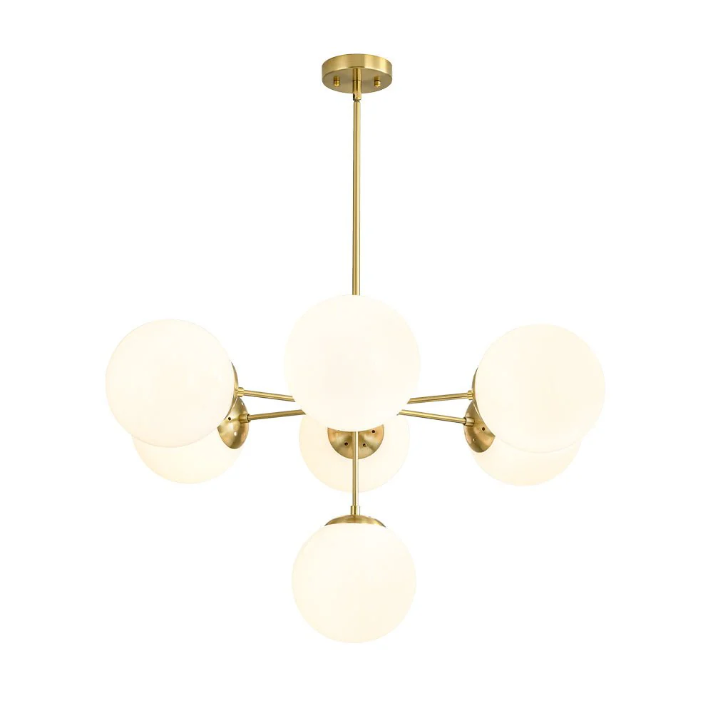 Mid-Century 7-light Brass Opal Glass Globe Sputnik Chandelier - Image 7
