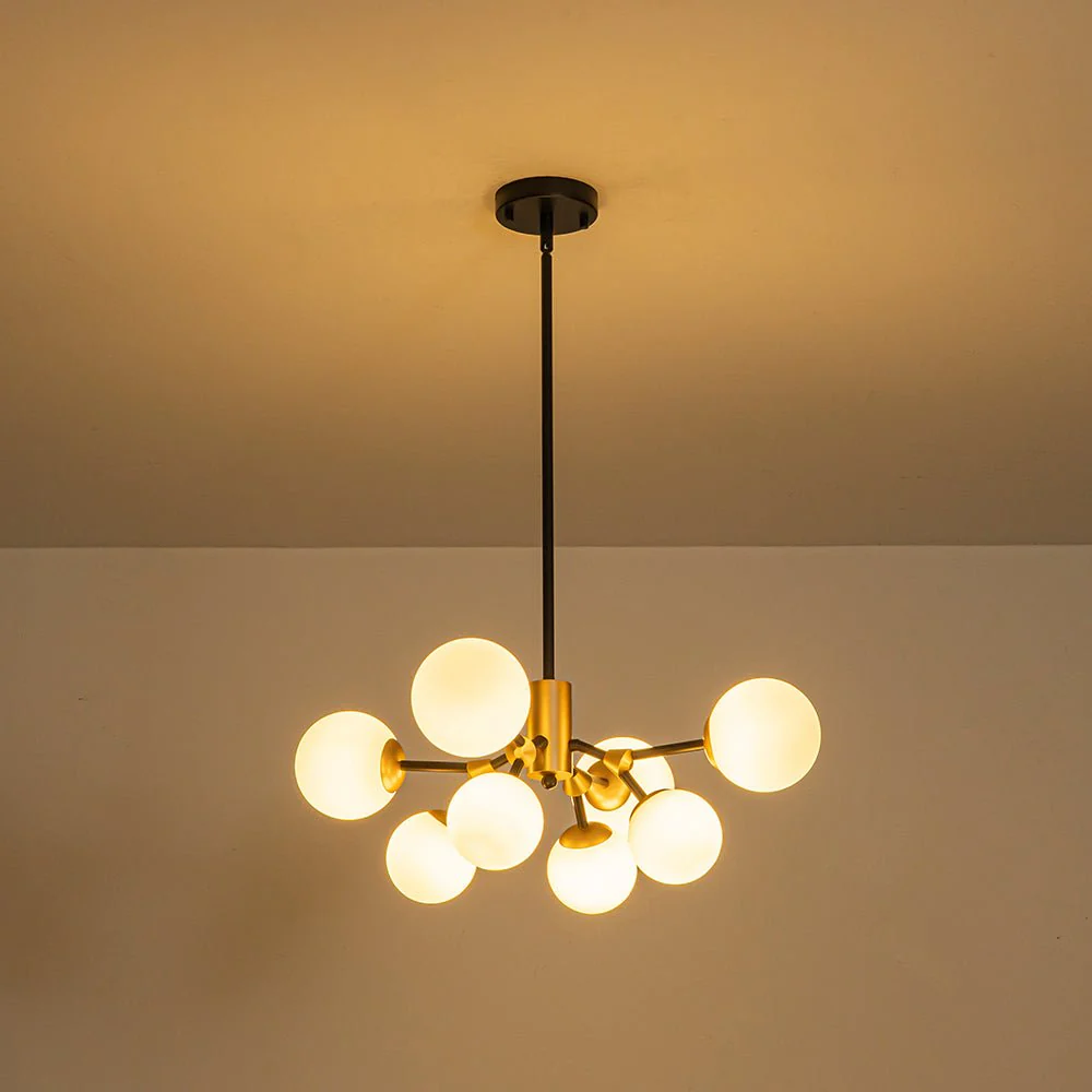 8-Light Black Brass White Glass Globe Round Sputnik Chandelier - Image 10