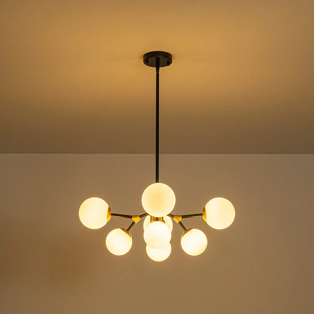 8-Light Black Brass White Glass Globe Round Sputnik Chandelier - Image 11