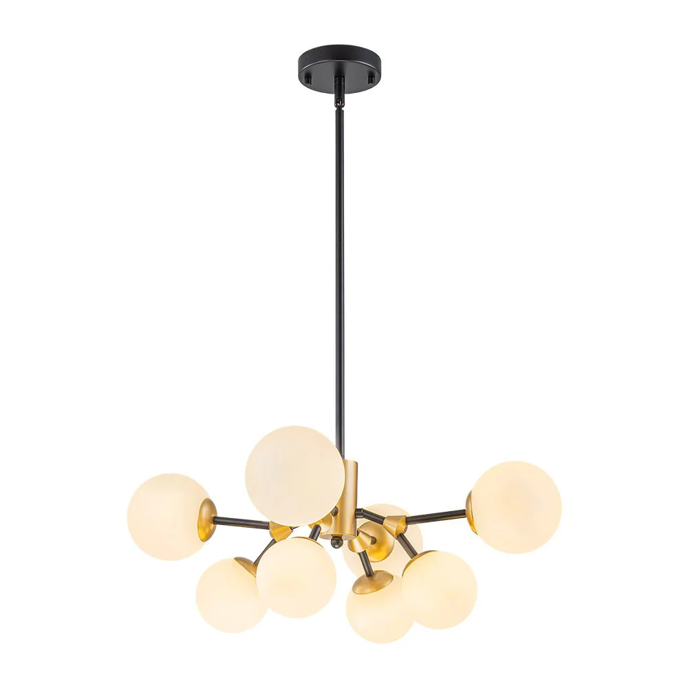 8-Light Black Brass White Glass Globe Round Sputnik Chandelier - Image 3