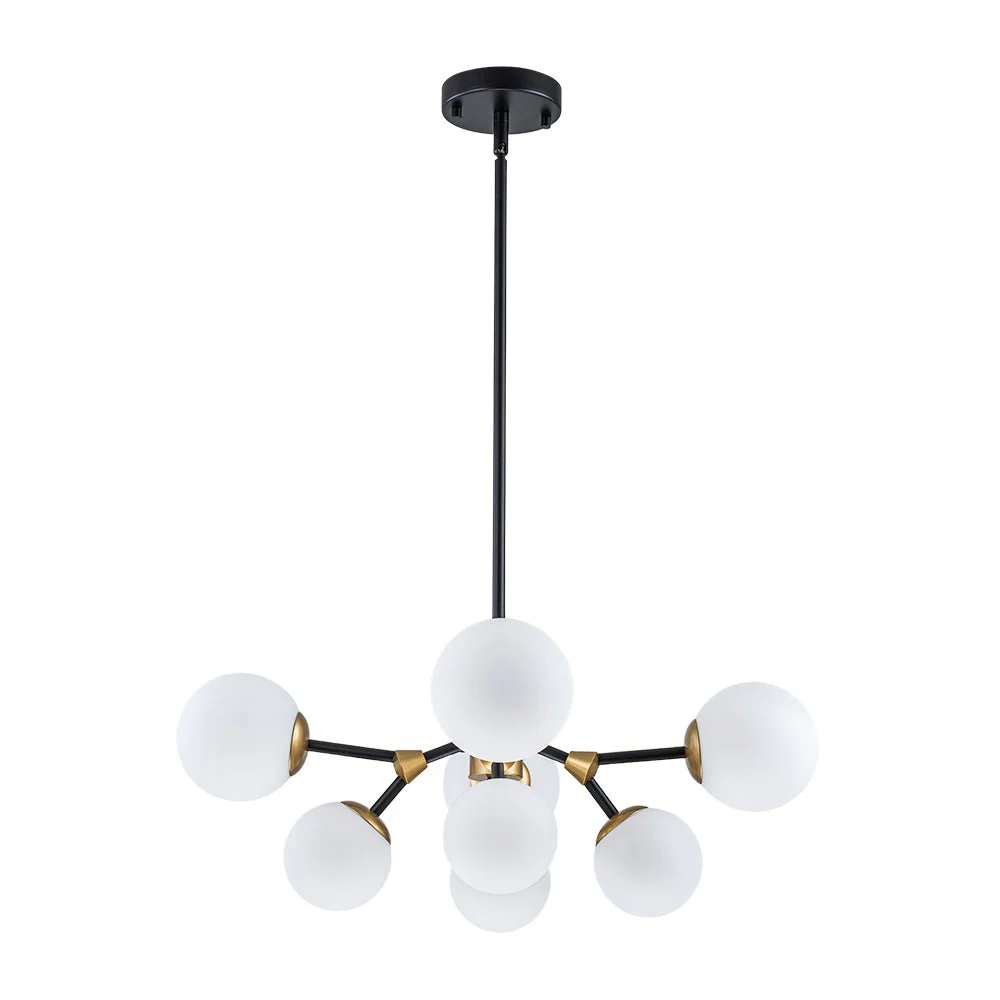 8-Light Black Brass White Glass Globe Round Sputnik Chandelier - Image 4