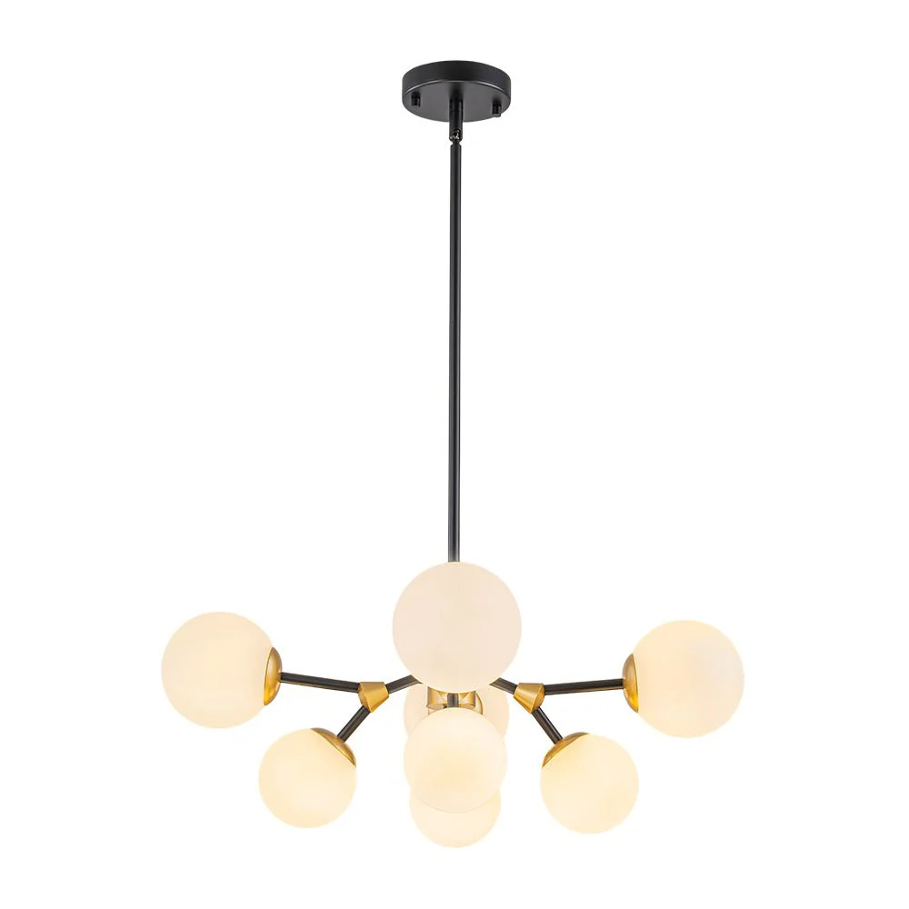 8-Light Black Brass White Glass Globe Round Sputnik Chandelier - Image 5