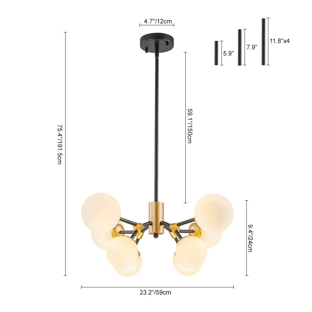 8-Light Black Brass White Glass Globe Round Sputnik Chandelier - Image 7
