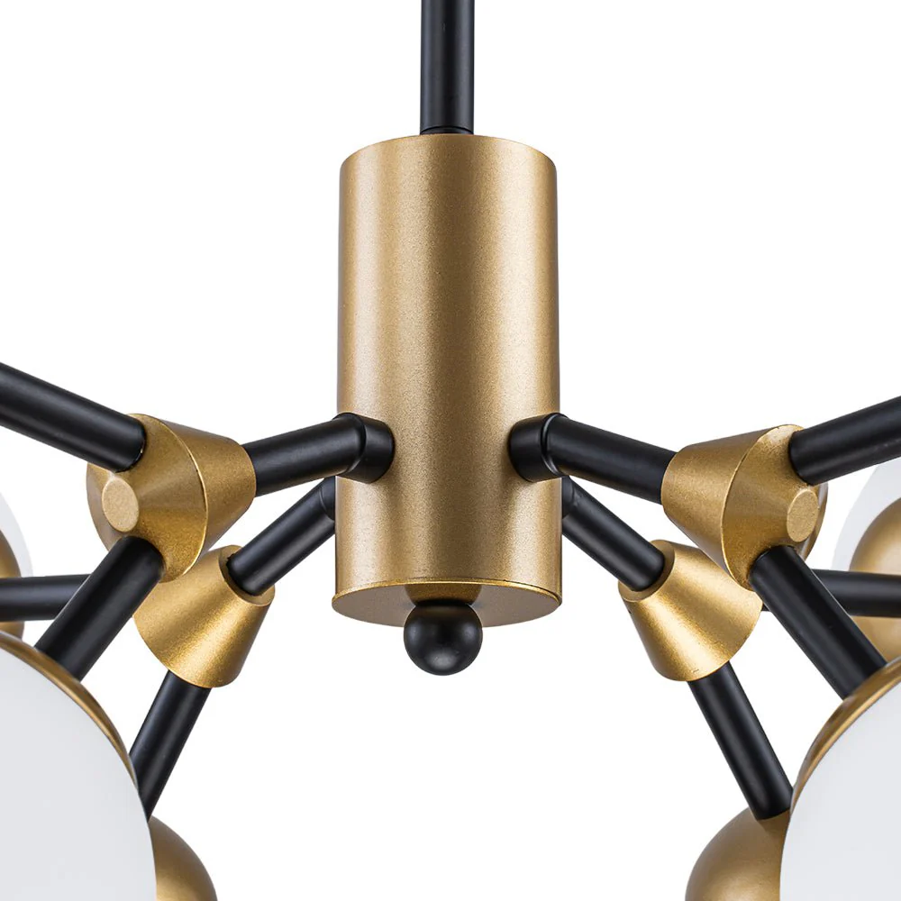 8-Light Black Brass White Glass Globe Round Sputnik Chandelier - Image 9
