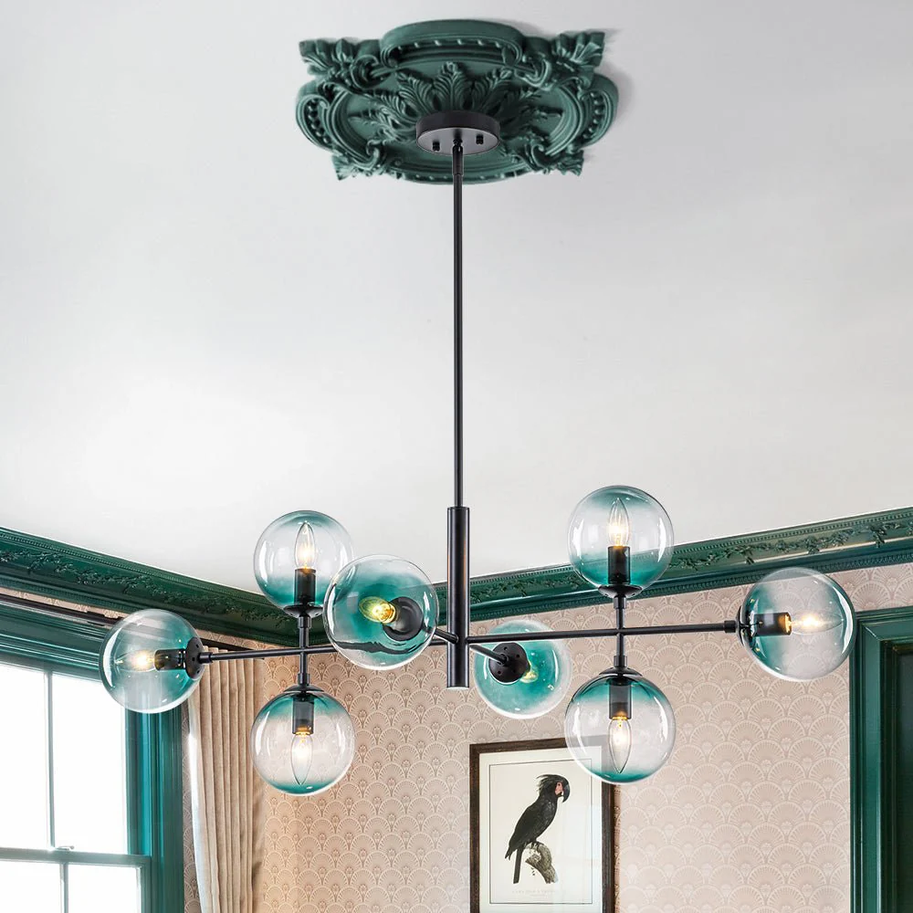 8-Light Linear Sputnik Tinted Blue Glass Bubble Chandelier - Image 3