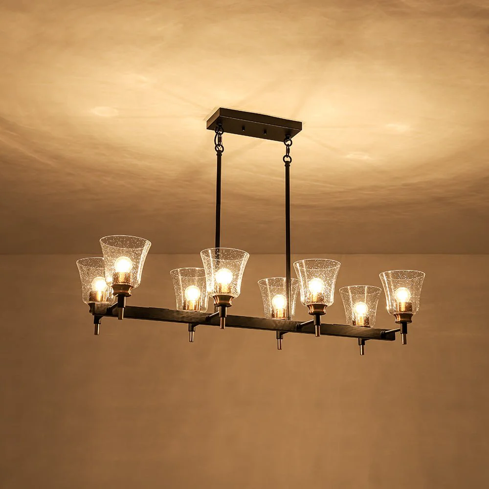 8-Light Seeded Glass Black Brass Linear Island Chandelier - Image 10