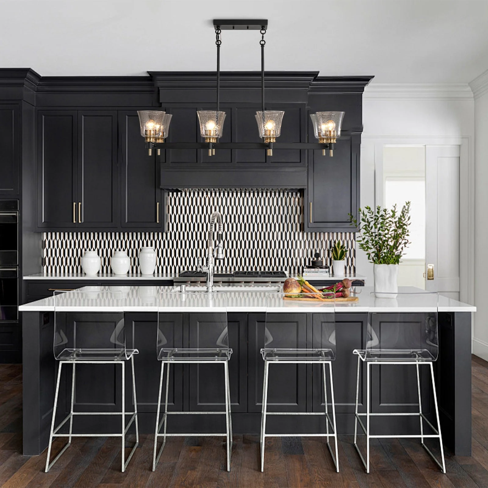 8-Light Seeded Glass Black Brass Linear Island Chandelier - Image 2