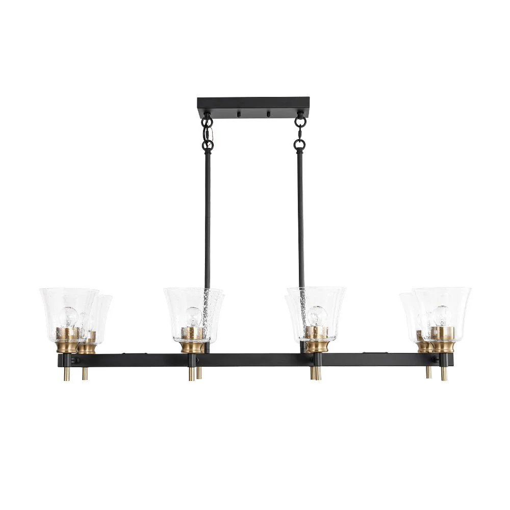 8-Light Seeded Glass Black Brass Linear Island Chandelier - Image 3