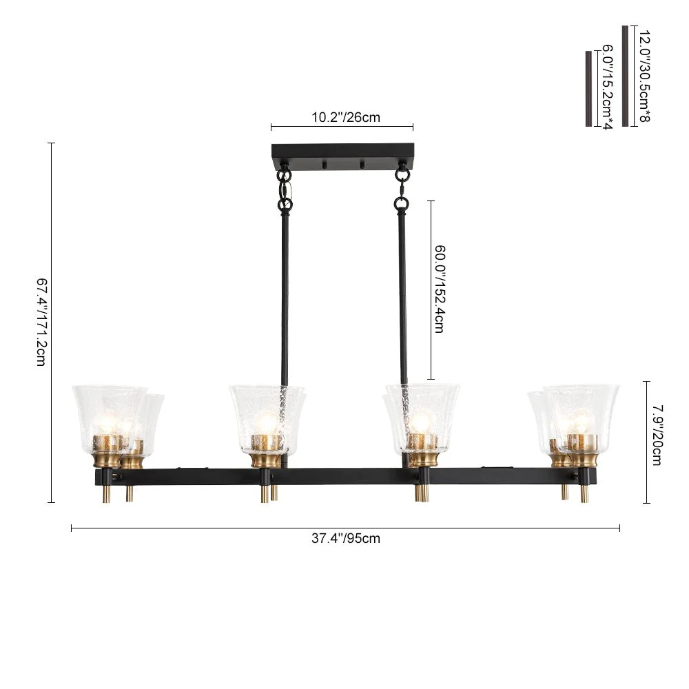 8-Light Seeded Glass Black Brass Linear Island Chandelier - Image 4