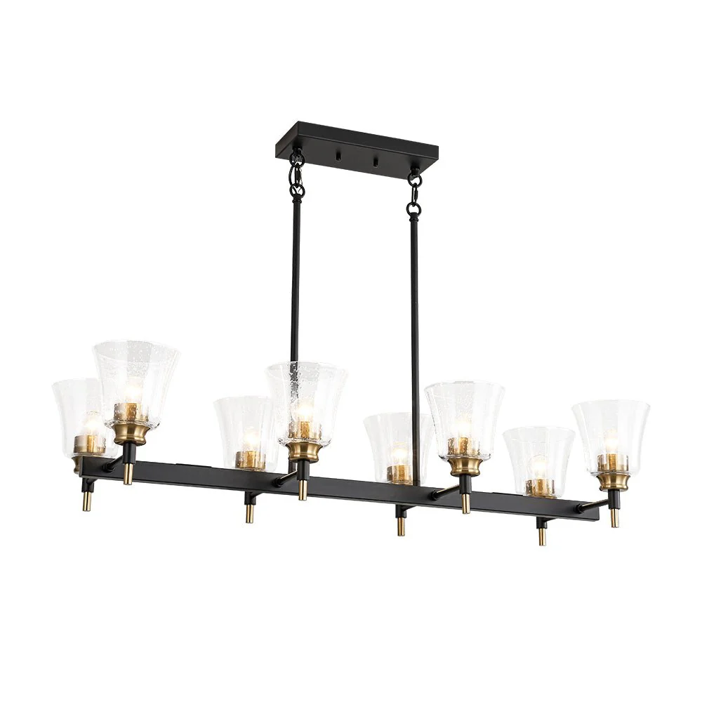 8-Light Seeded Glass Black Brass Linear Island Chandelier - Image 5