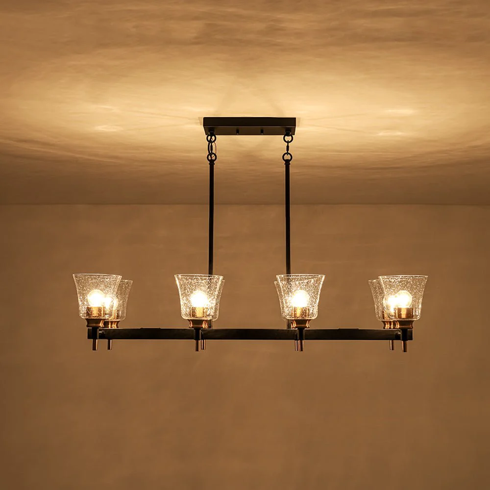 8-Light Seeded Glass Black Brass Linear Island Chandelier - Image 8