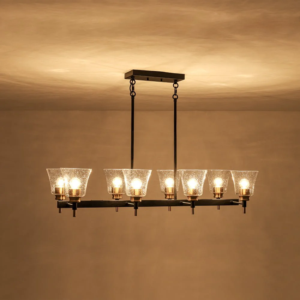 8-Light Seeded Glass Black Brass Linear Island Chandelier - Image 9