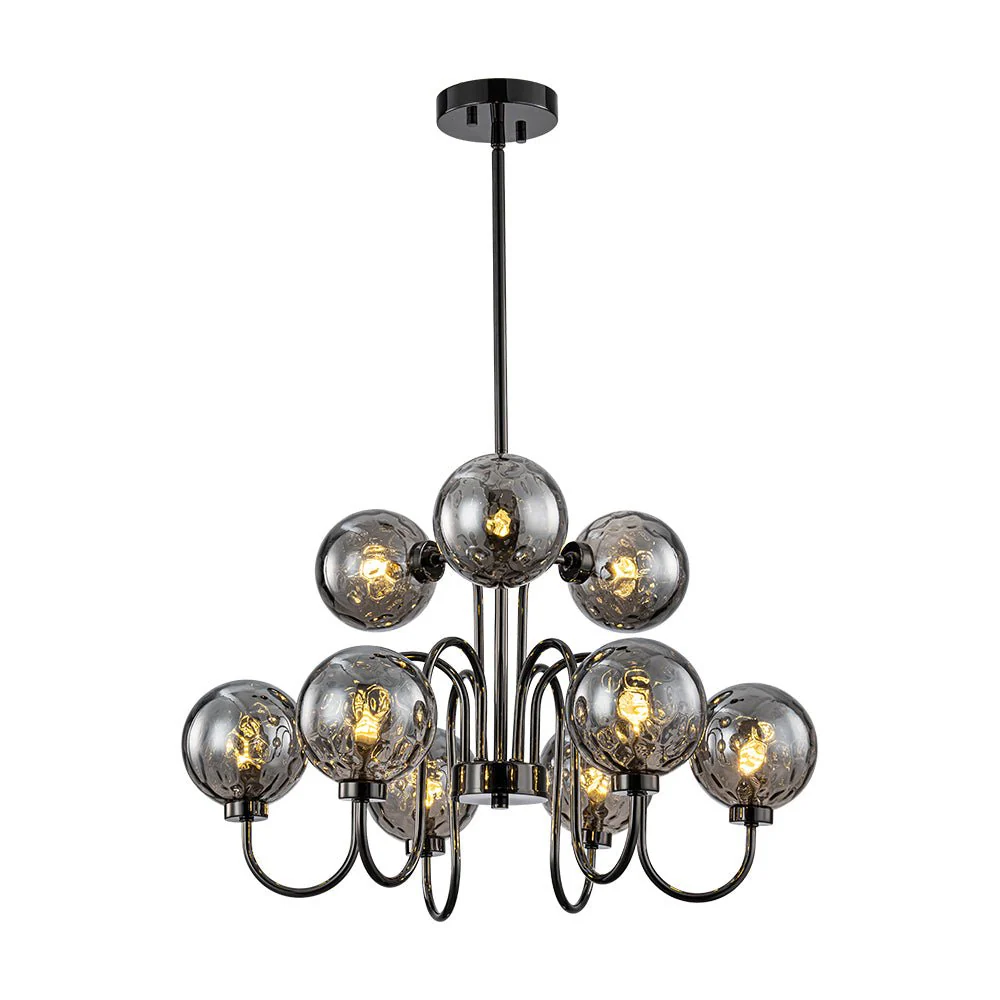 9-Light Hammered Smoked Glass Bubble Black Sputnik Chandelier - Image 7
