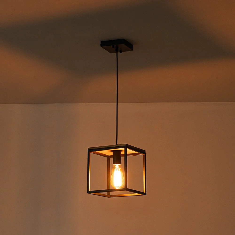 Aged Oak Iron Square Cage Single Kitchen Pendant Light - Image 13
