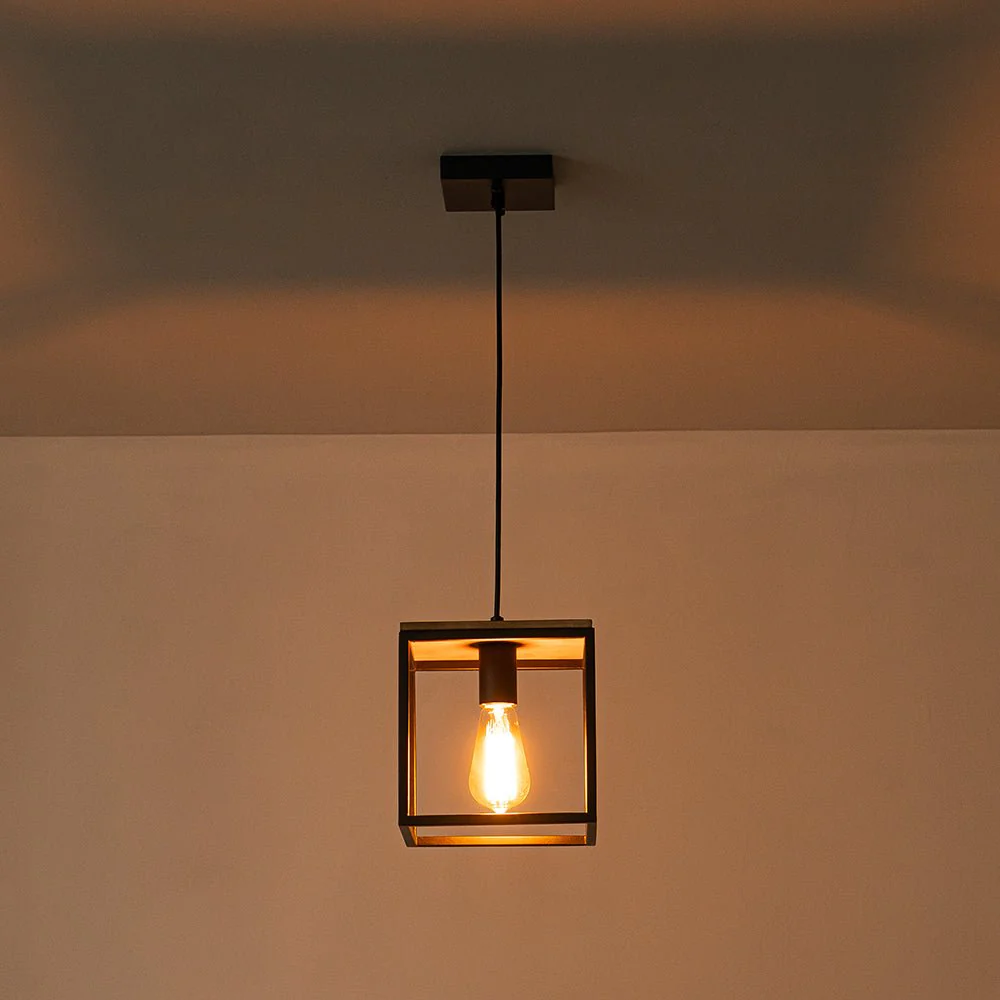 Aged Oak Iron Square Cage Single Kitchen Pendant Light - Image 14