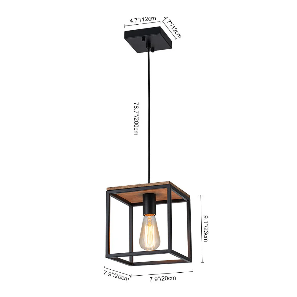 Aged Oak Iron Square Cage Single Kitchen Pendant Light - Image 15