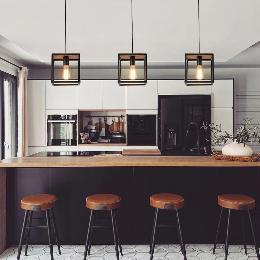 Aged Oak Iron Square Cage Single Kitchen Pendant Light - Image 2