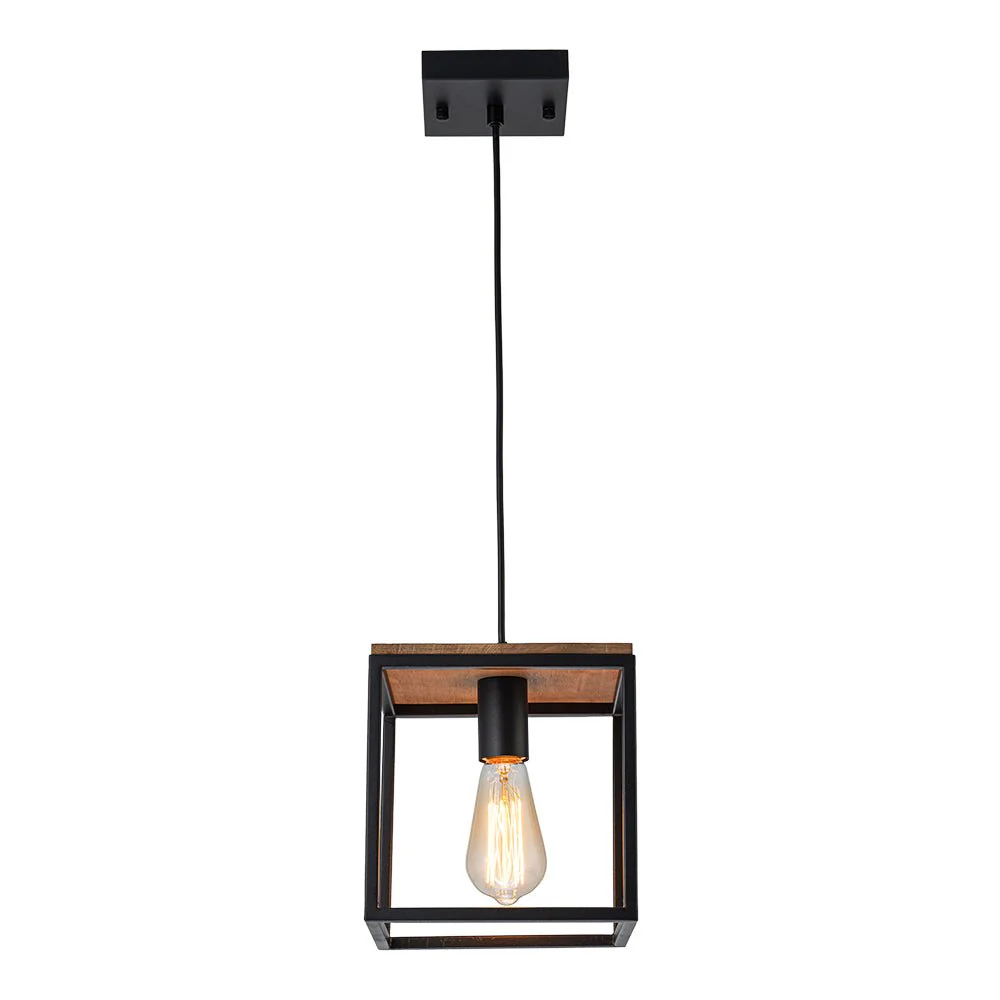 Aged Oak Iron Square Cage Single Kitchen Pendant Light - Image 5