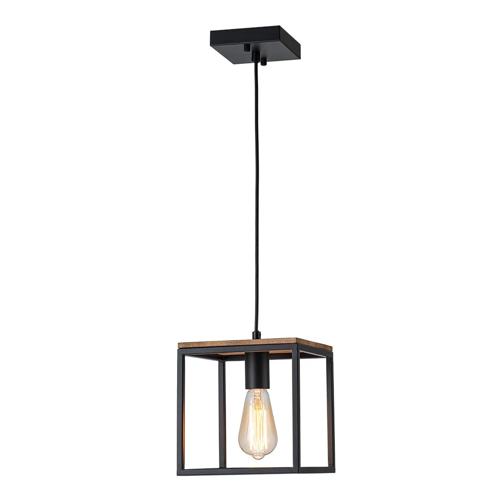 Aged Oak Iron Square Cage Single Kitchen Pendant Light - Image 7