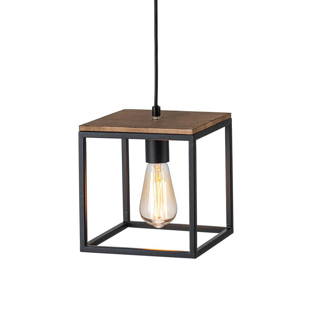 Aged Oak Iron Square Cage Single Kitchen Pendant Light - Image 8