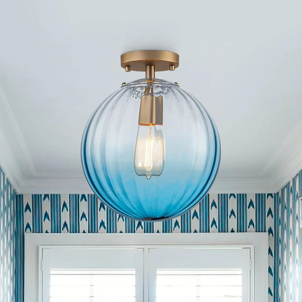 Art Deco 1-Light Blue Ribbed Glass Globe Semi Flush Mount