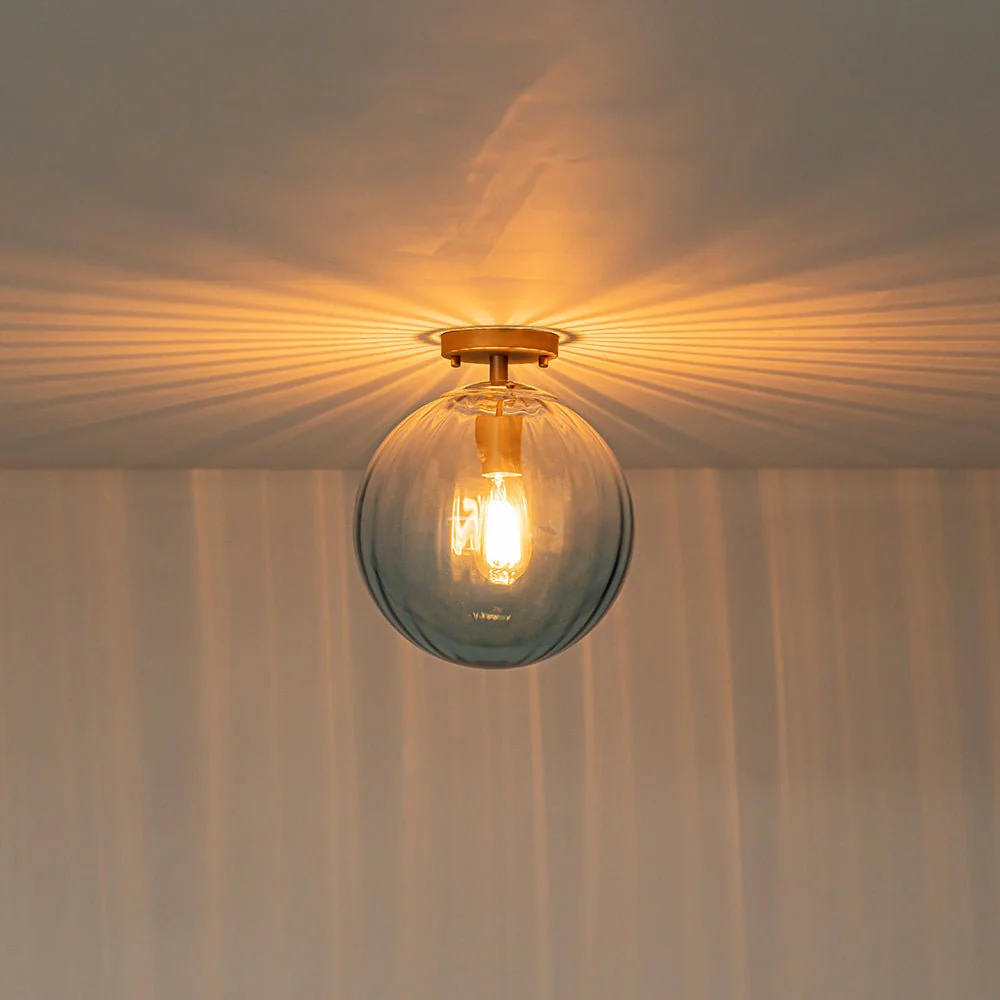 Art Deco 1-Light Blue Ribbed Glass Globe Semi Flush Mount - Image 10