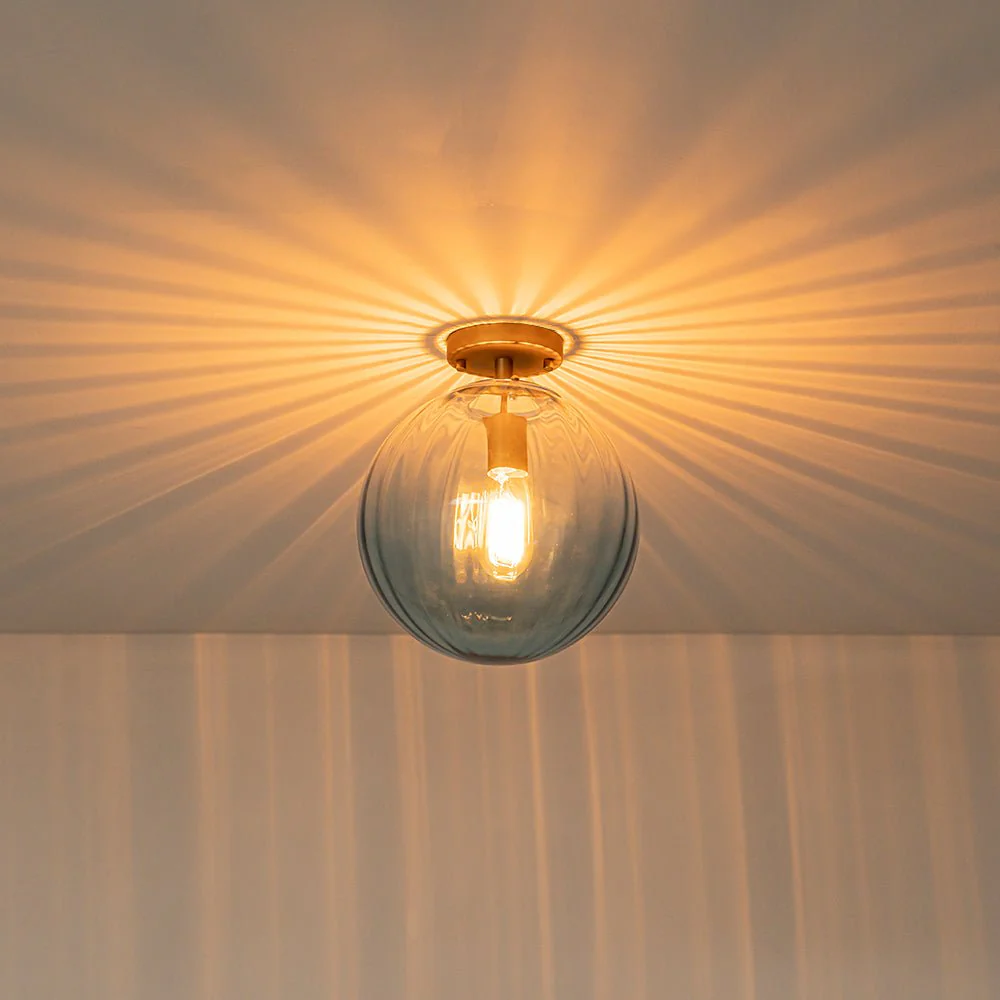 Art Deco 1-Light Blue Ribbed Glass Globe Semi Flush Mount - Image 11