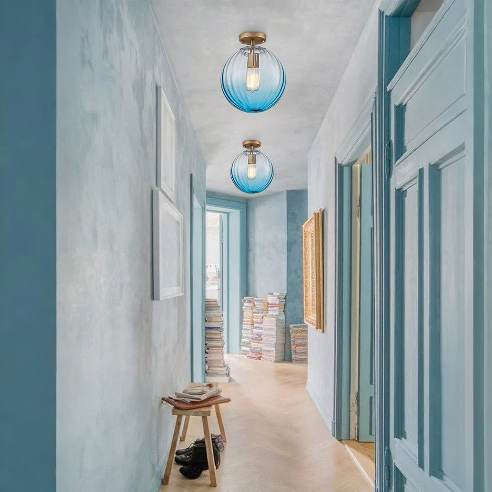 Art Deco 1-Light Blue Ribbed Glass Globe Semi Flush Mount - Image 2