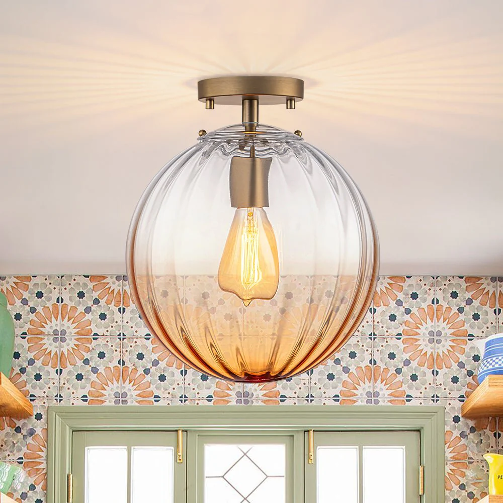 Art Deco 1-Light Blue Ribbed Glass Globe Semi Flush Mount - Image 3