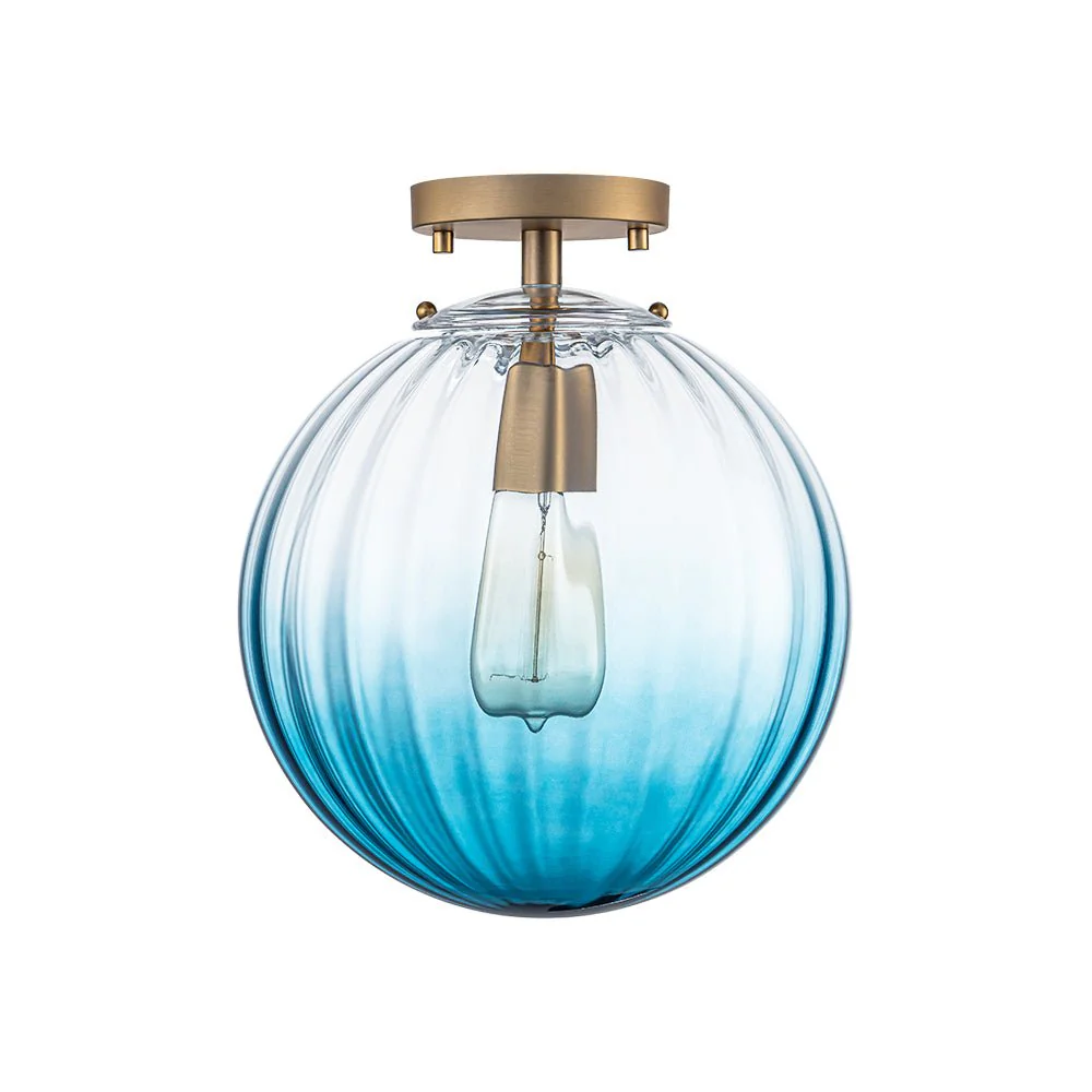 Art Deco 1-Light Blue Ribbed Glass Globe Semi Flush Mount - Image 5