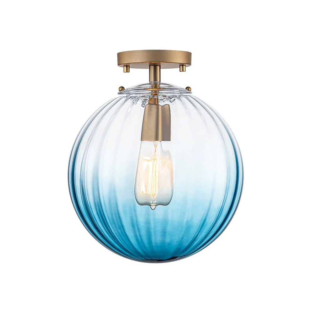 Art Deco 1-Light Blue Ribbed Glass Globe Semi Flush Mount - Image 6