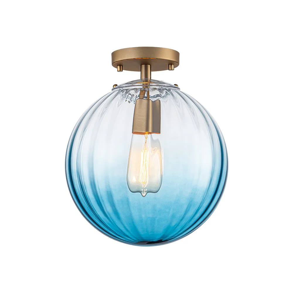 Art Deco 1-Light Blue Ribbed Glass Globe Semi Flush Mount - Image 7