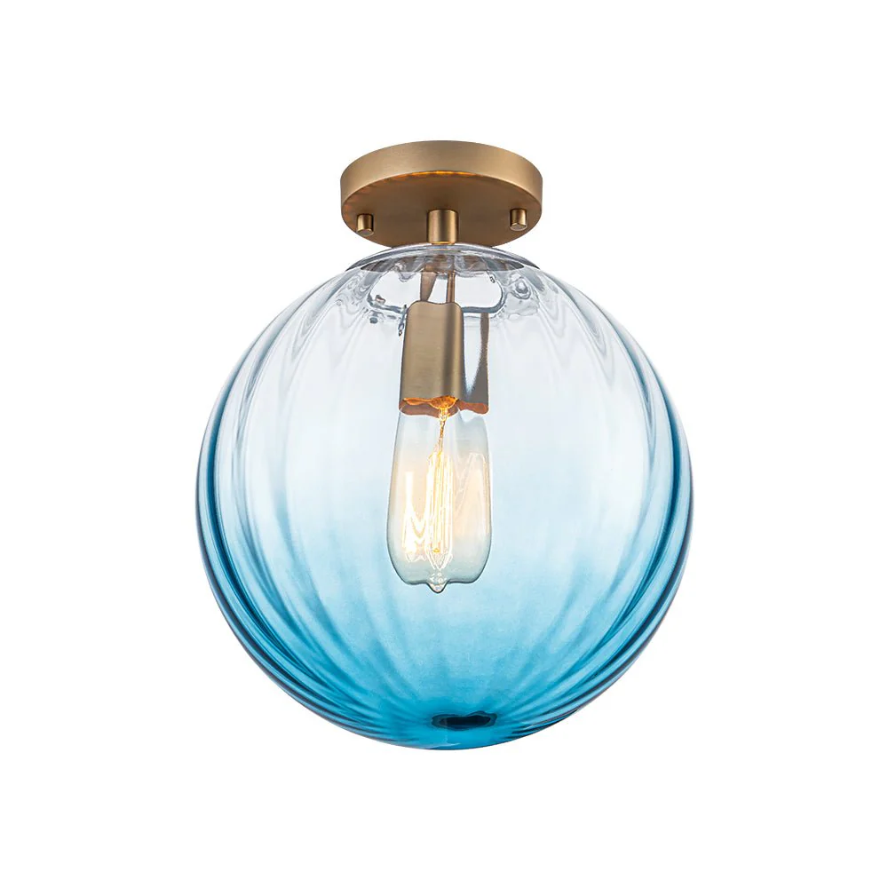 Art Deco 1-Light Blue Ribbed Glass Globe Semi Flush Mount - Image 8
