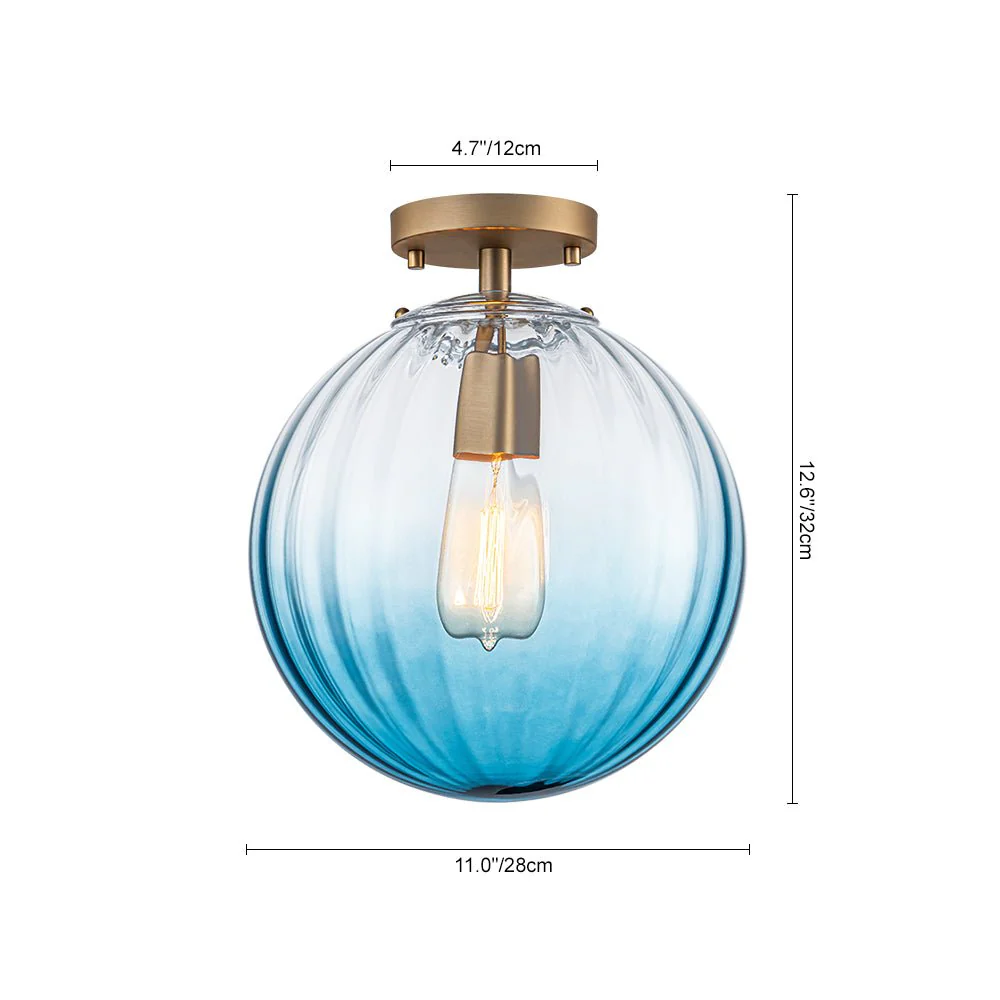 Art Deco 1-Light Blue Ribbed Glass Globe Semi Flush Mount - Image 9