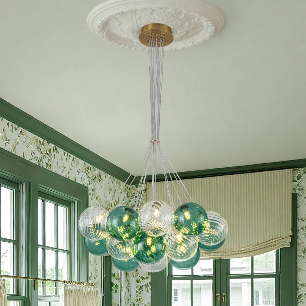 Art Deco Blue Hue Cluster Glass Globe Bubble Chandelier - Image 4
