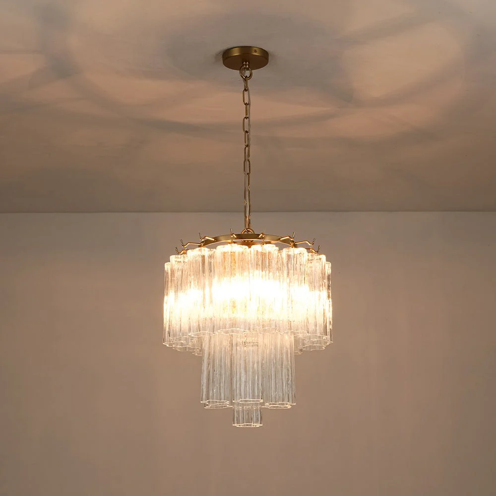 Art Deco Cluster Glass Textured Tube Round Tiered Chandelier - Image 11