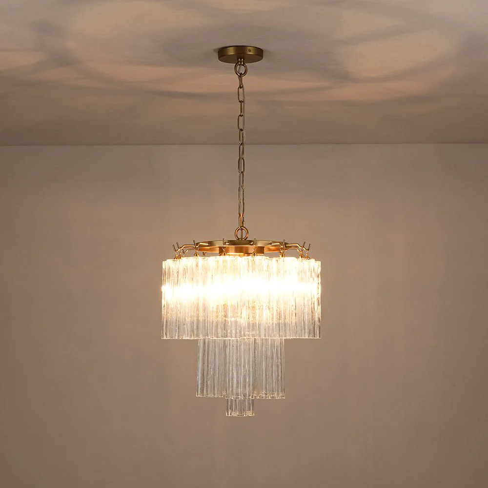 Art Deco Cluster Glass Textured Tube Round Tiered Chandelier - Image 12