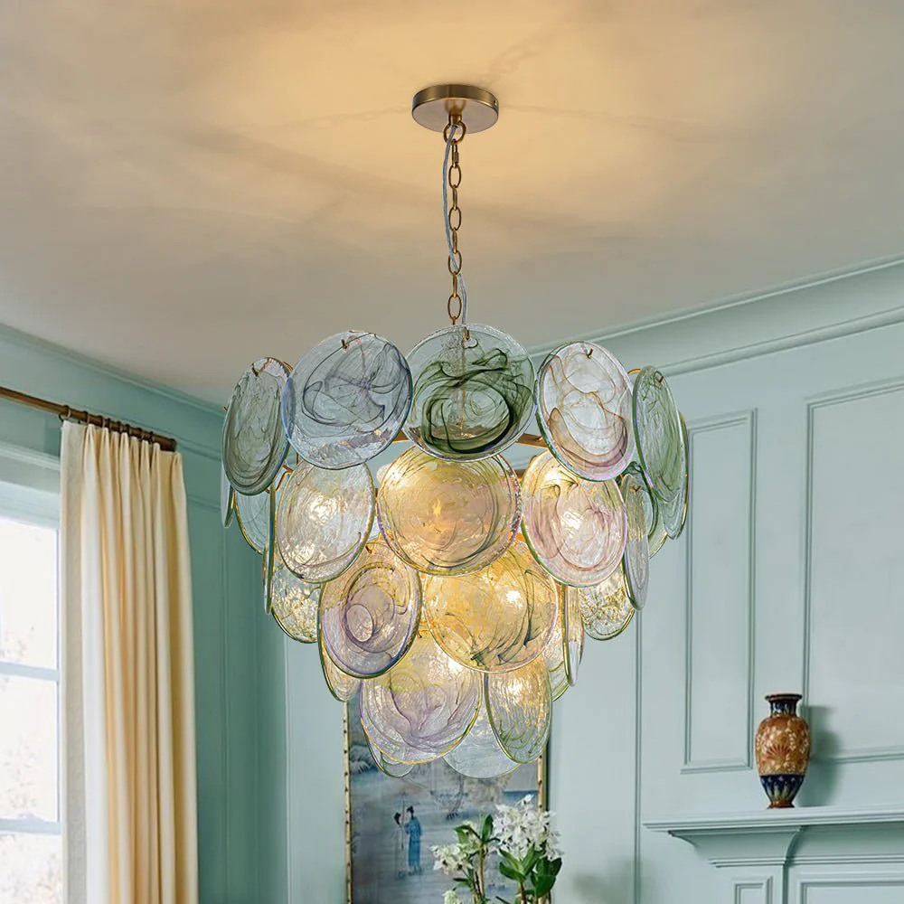 Art Deco Green Iridescent Swirl Glass Tiered Chandelier - Image 3