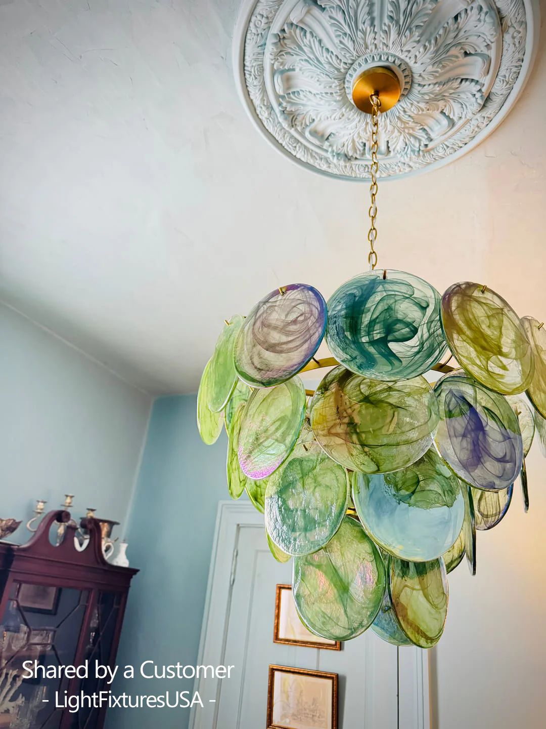 Art Deco Green Iridescent Swirl Glass Tiered Chandelier - Image 6