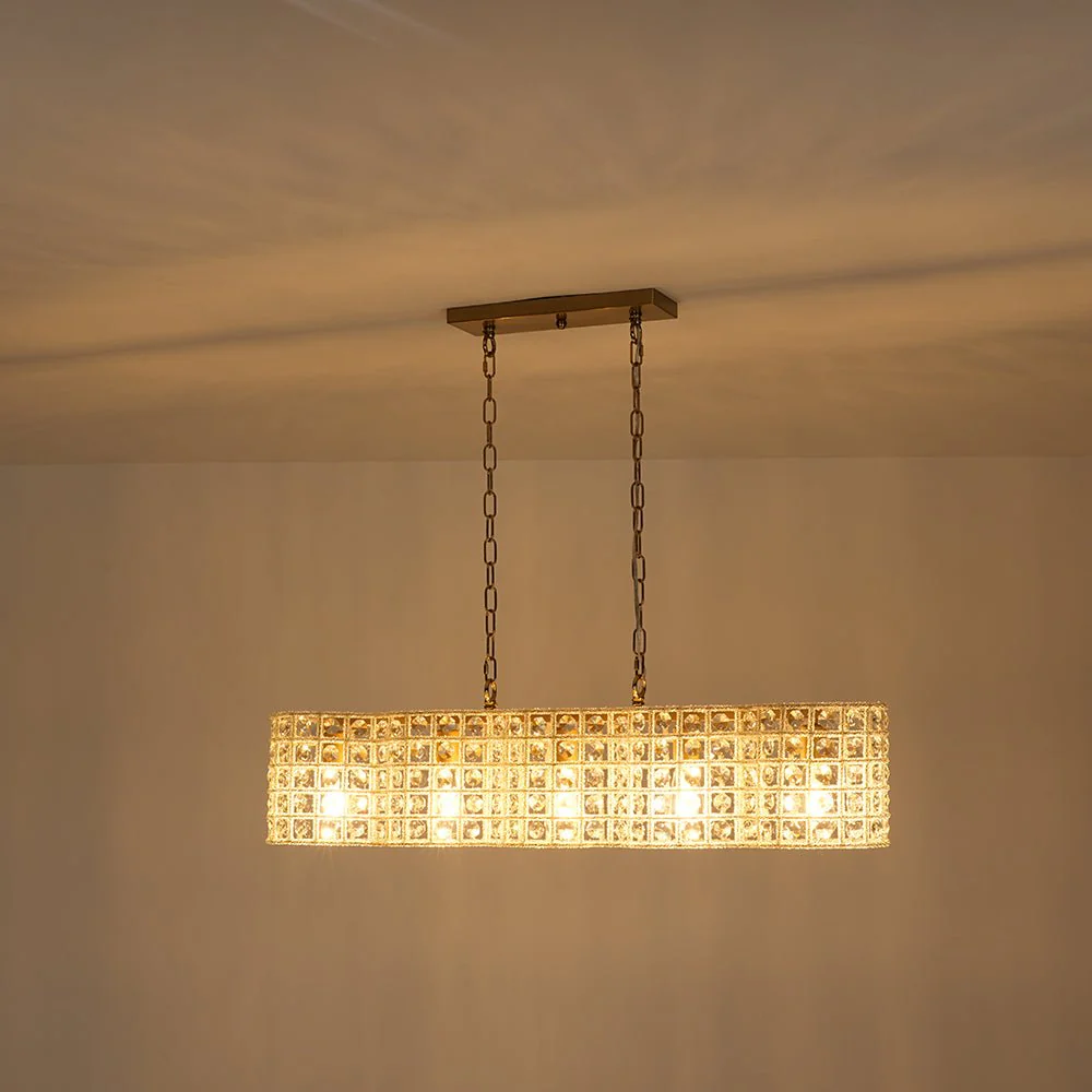 Art Deco Luxury Brass Crystal Linear Cage Island Chandelier - Image 10
