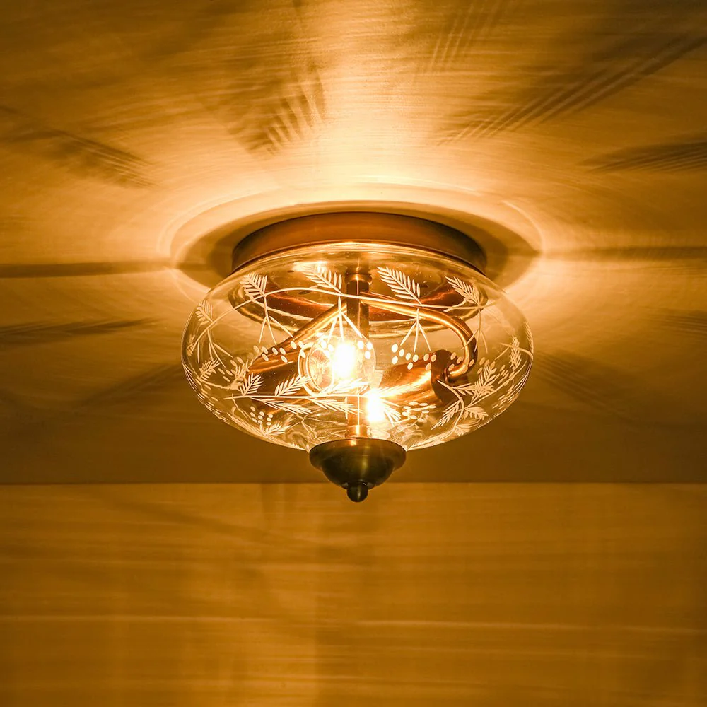 Art Deco Mistletoe Pattern Etched Glass Round Flush Mount Light - Image 4