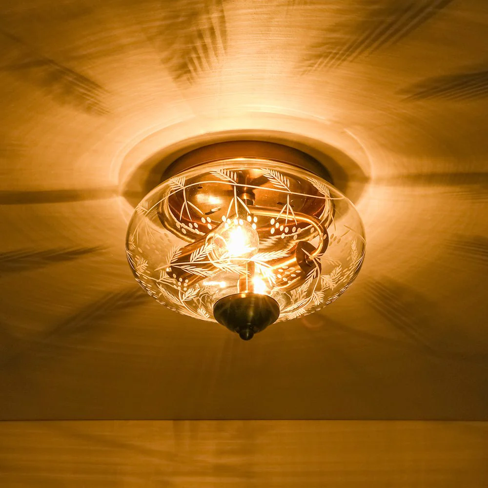 Art Deco Mistletoe Pattern Etched Glass Round Flush Mount Light - Image 5