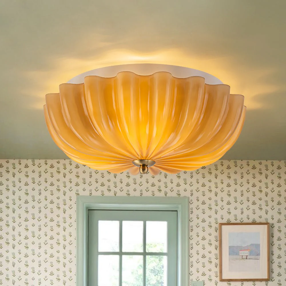 Art Deco Pleated Flower Shine Glass Semi Flush Mount - Image 4