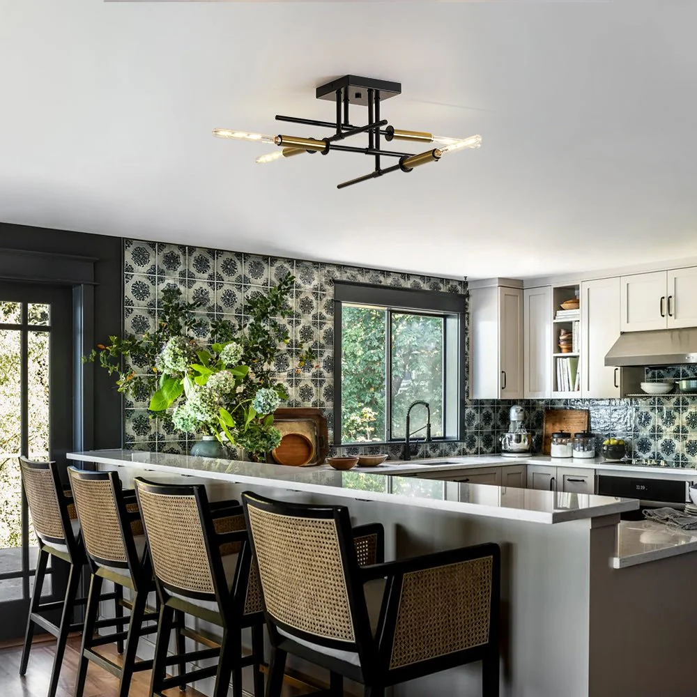 Black Brass 4-Light Sputnik Linear Semi Flush Mount - Image 2