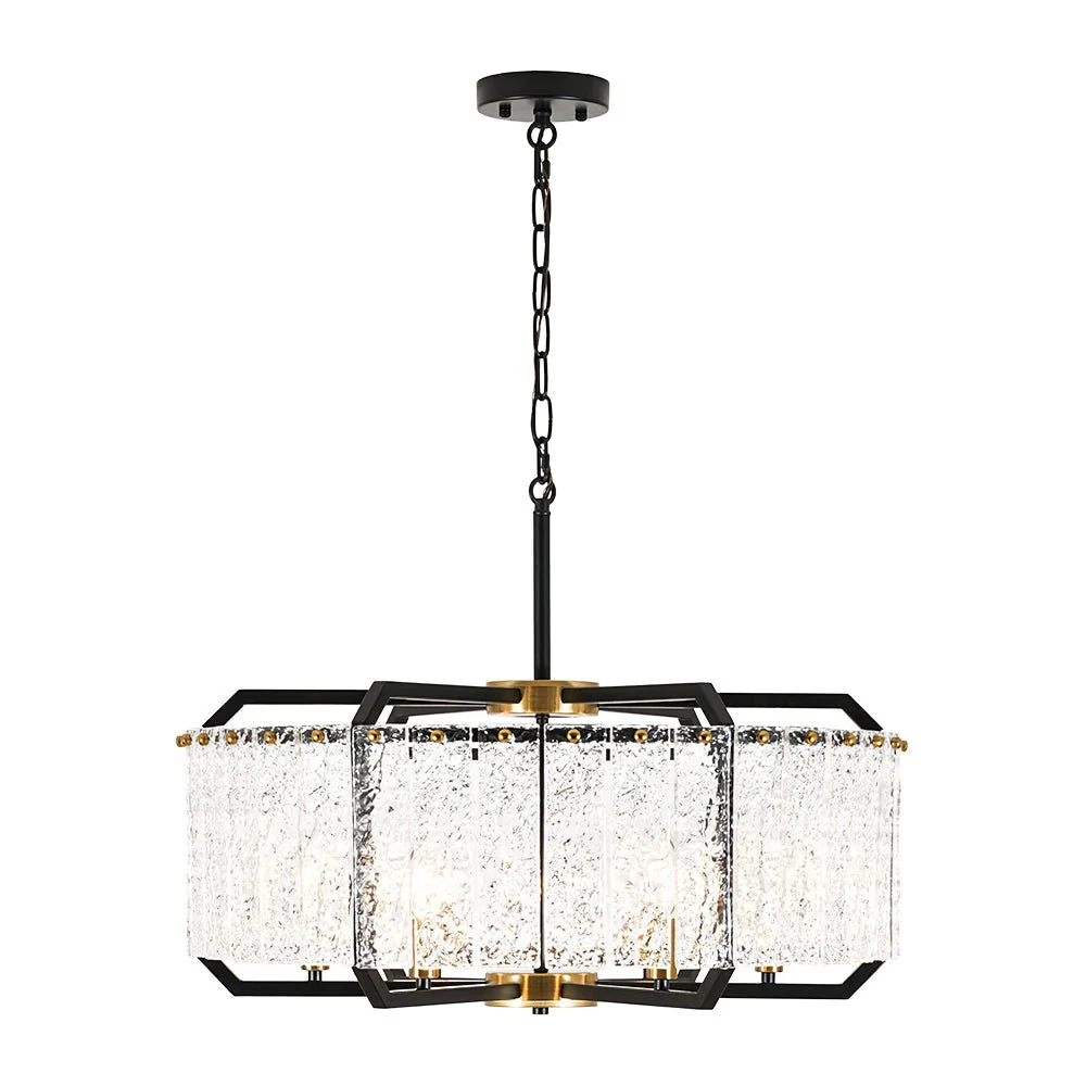 Black Brass 6-Light Rippled Glass Drum Cage Chandelier - Image 10