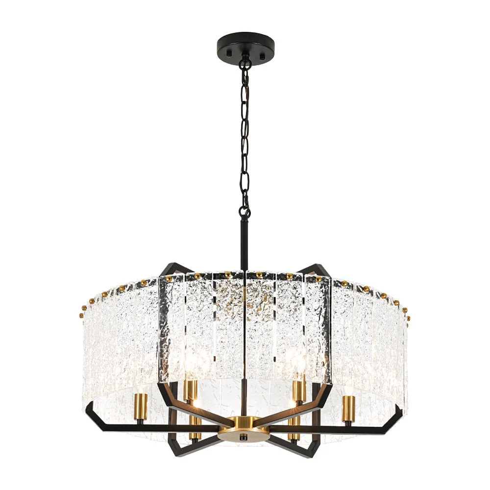 Black Brass 6-Light Rippled Glass Drum Cage Chandelier - Image 11